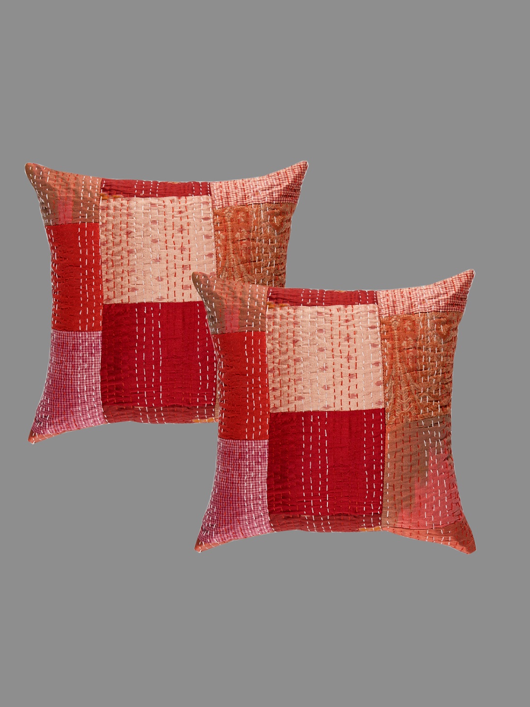 

HANDICRAFT PALACE Red Set of 2 Colourblocked Square Cushion Covers