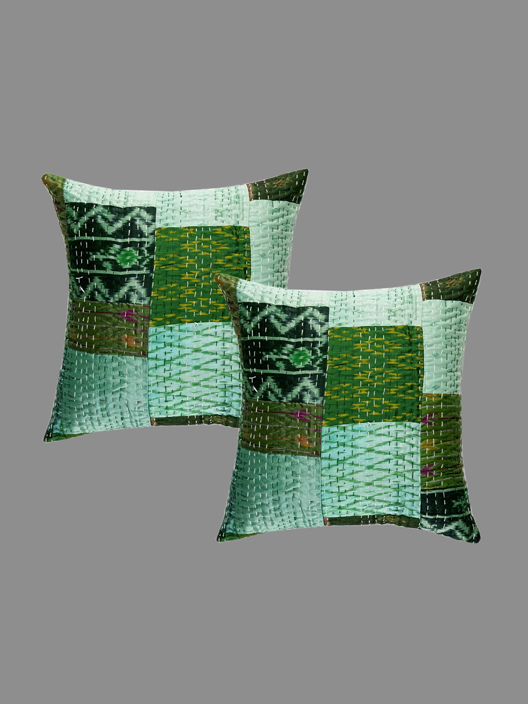 

HANDICRAFT PALACE Green Set of 2 Patchwork Square Cushion Covers