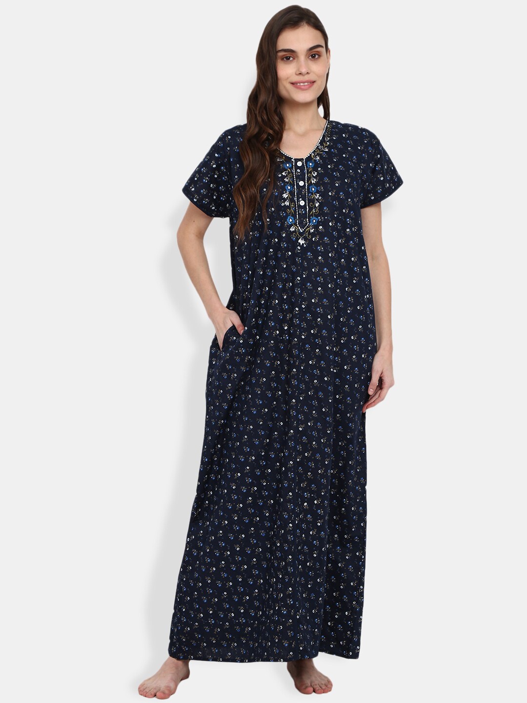 

V-Mart Navy Blue Printed Maxi Nightdress