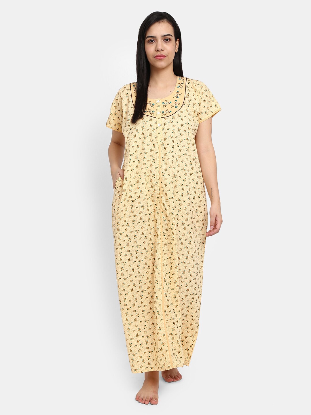 

V-Mart Yellow Printed Maxi Cotton Nightdress