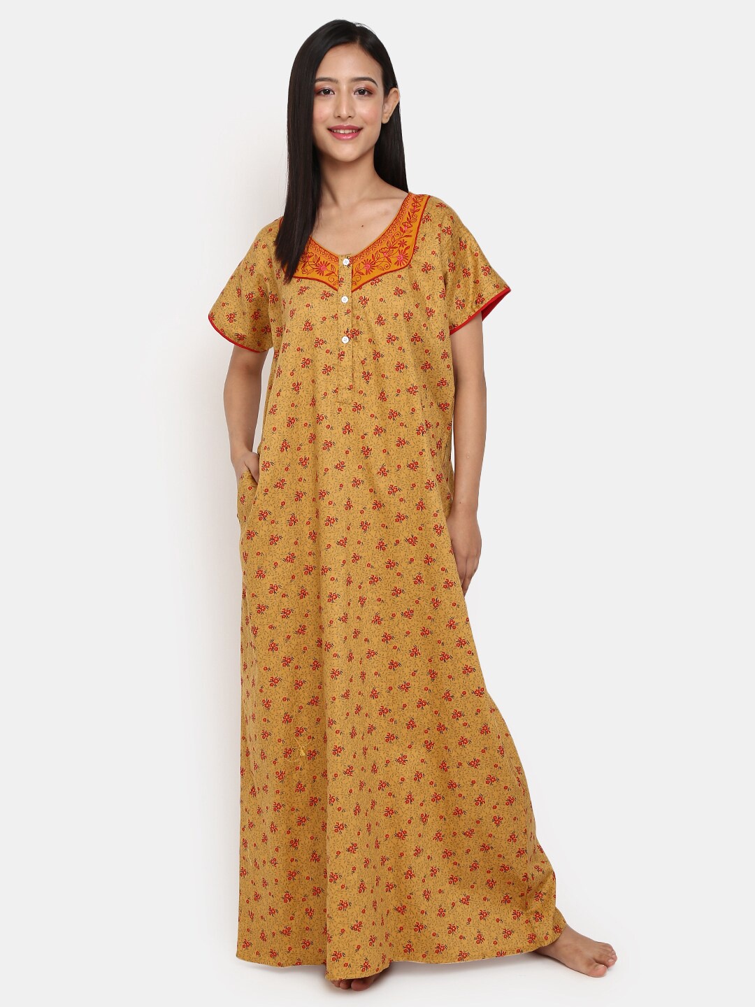 

V-Mart Women Mustard Printed Pure Cotton Maxi Nightdress