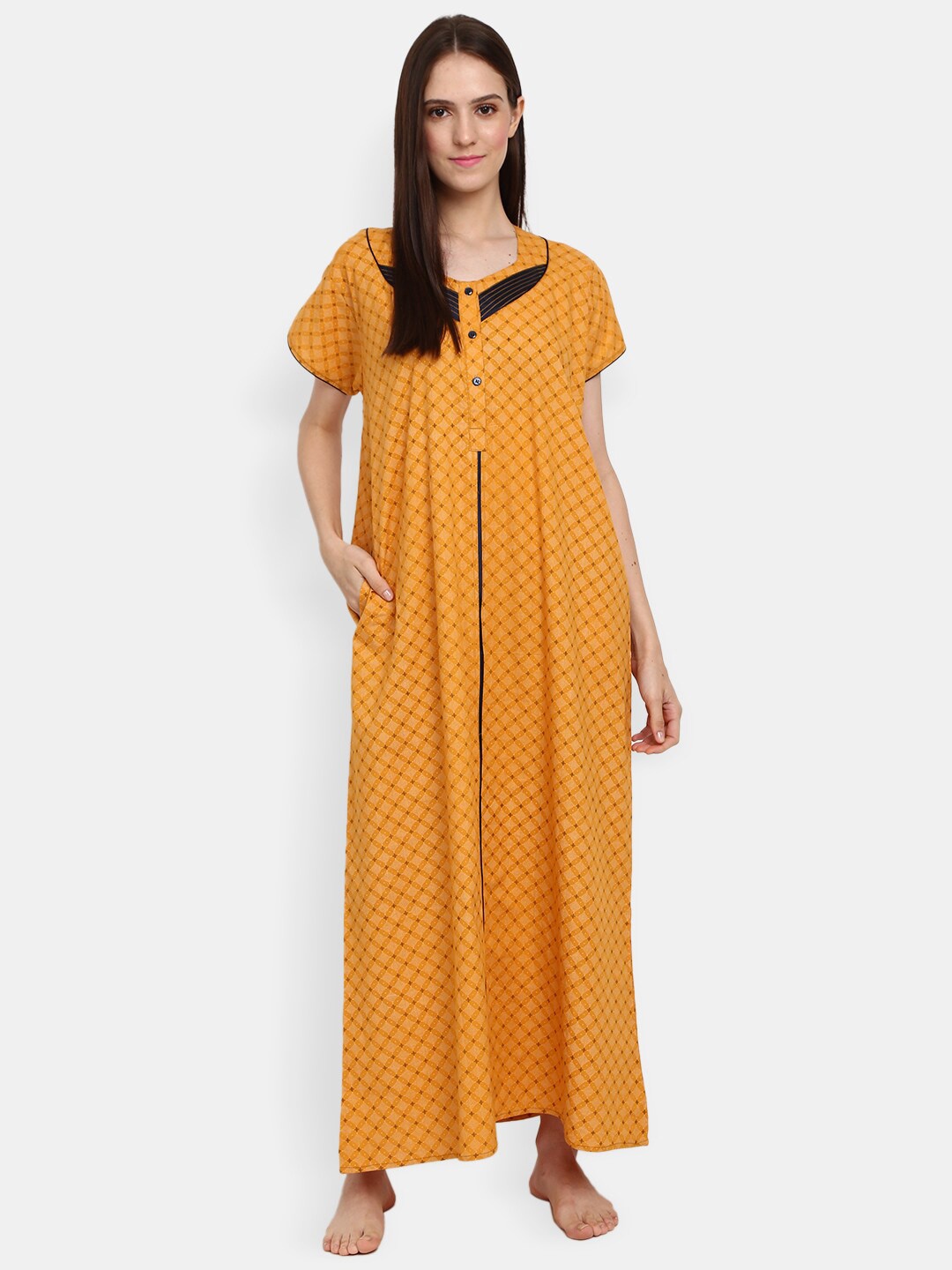 

V-Mart womens Mustard Printed Maxi Nightdress