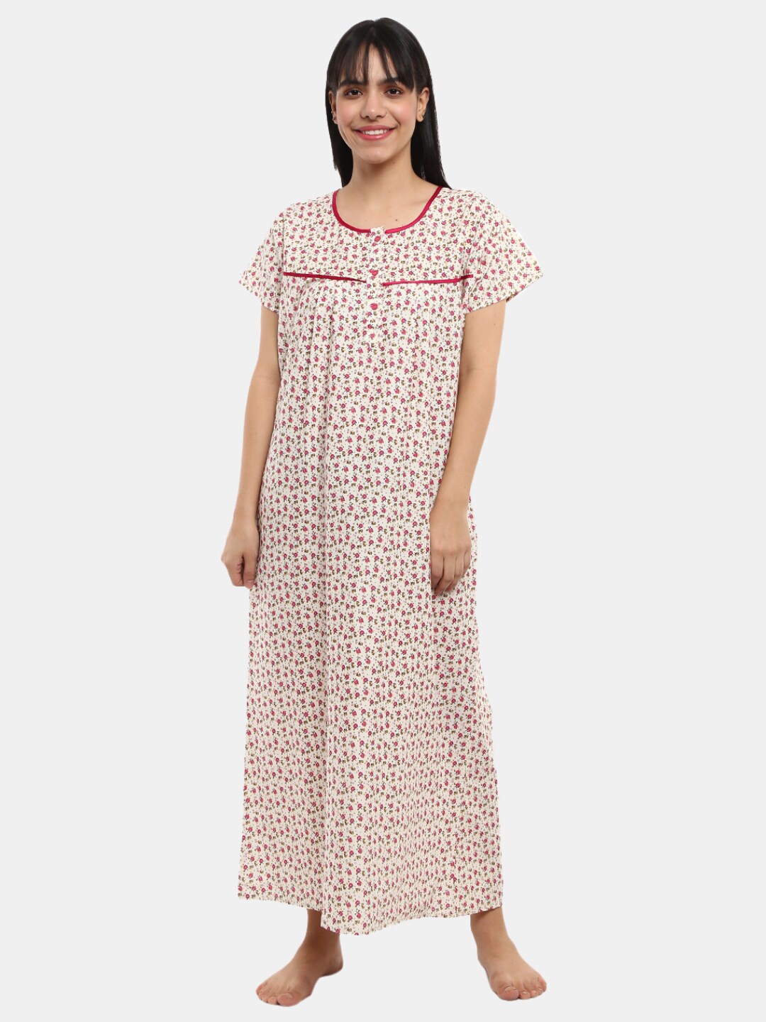 

V-Mart Off White & Pink Floral Printed Maxi Nightdress