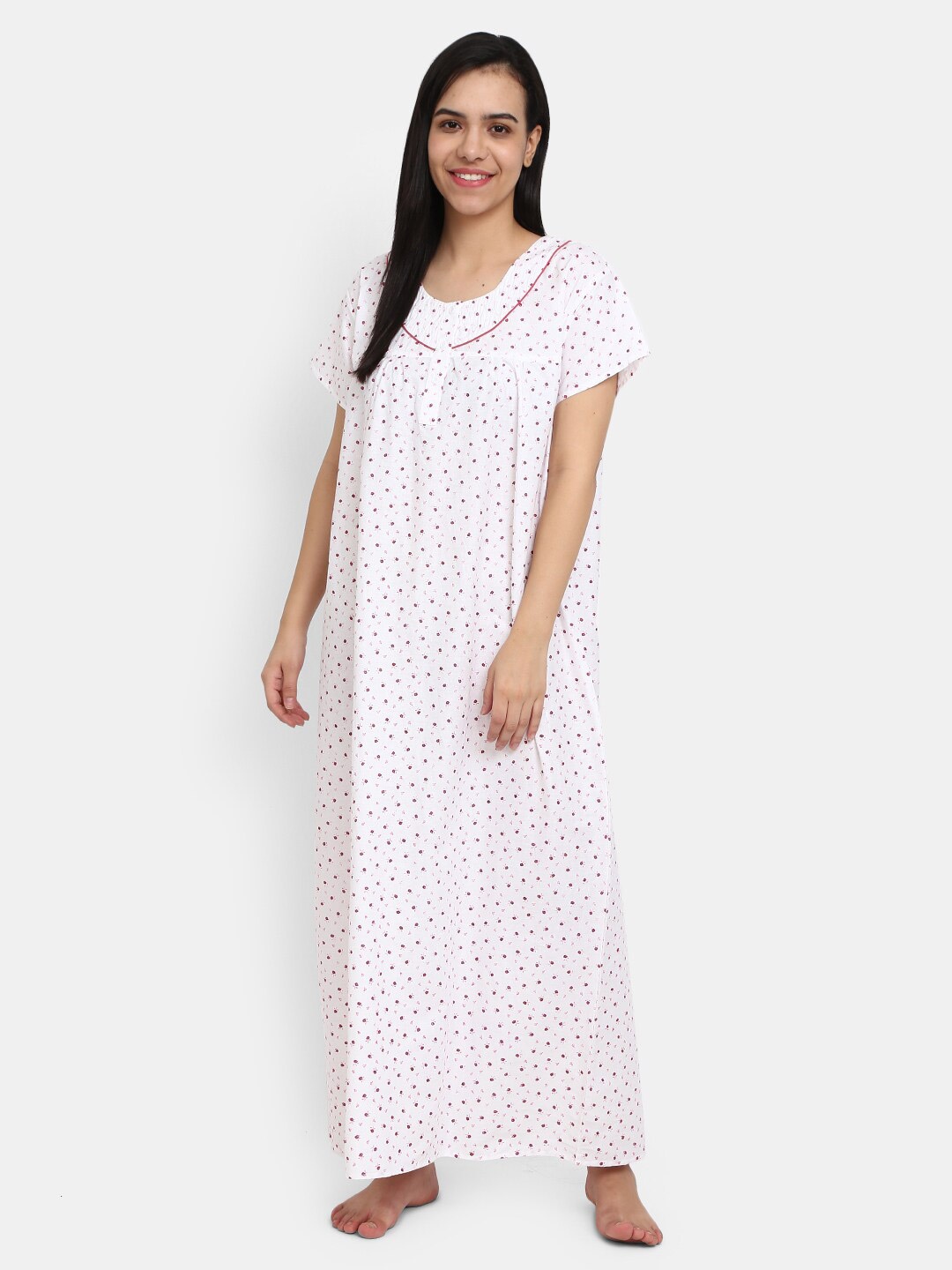 

V-Mart Women White Printed Maxi Nightdress