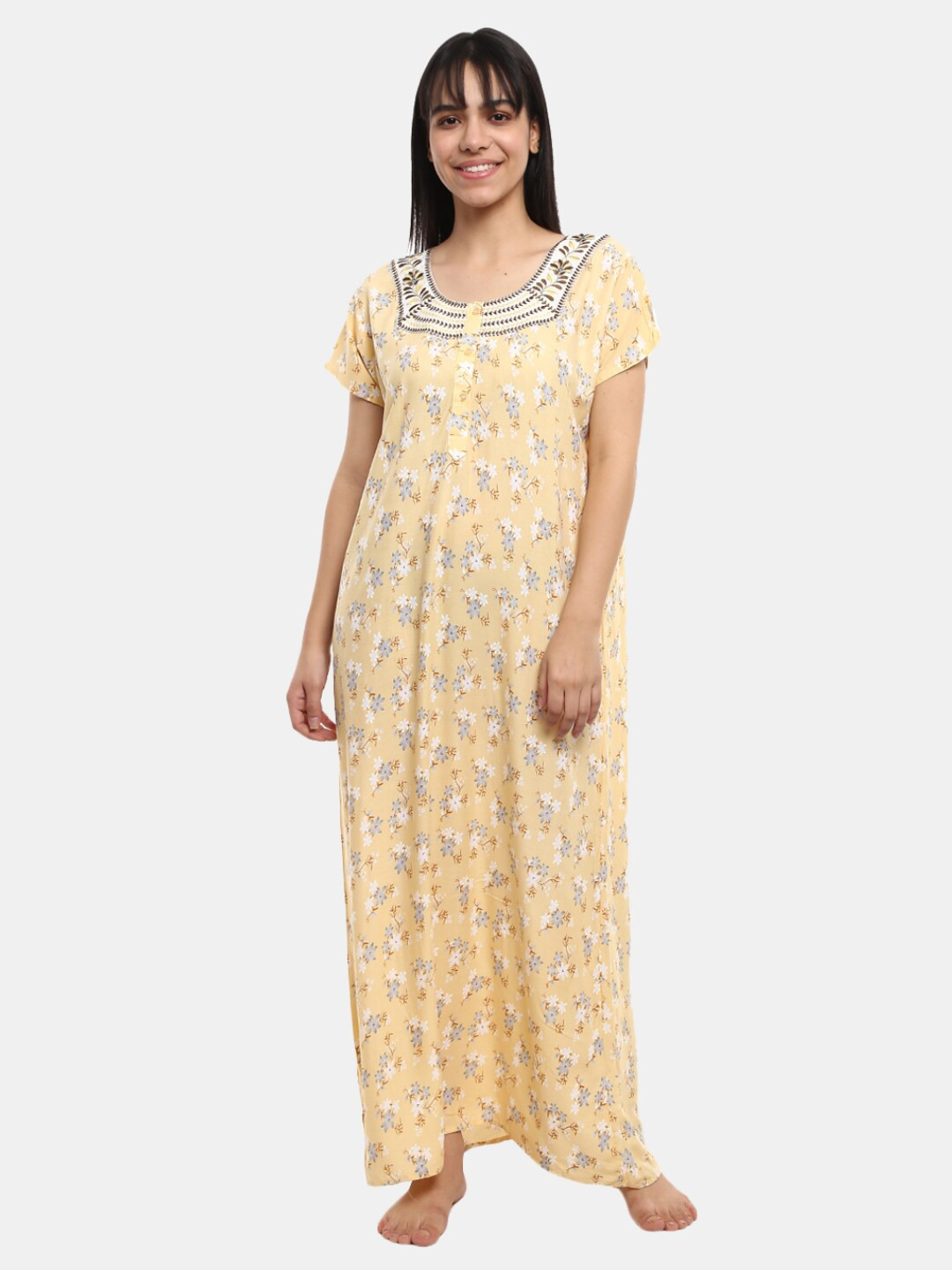

V-Mart Women Yellow Printed Maxi Nightdress