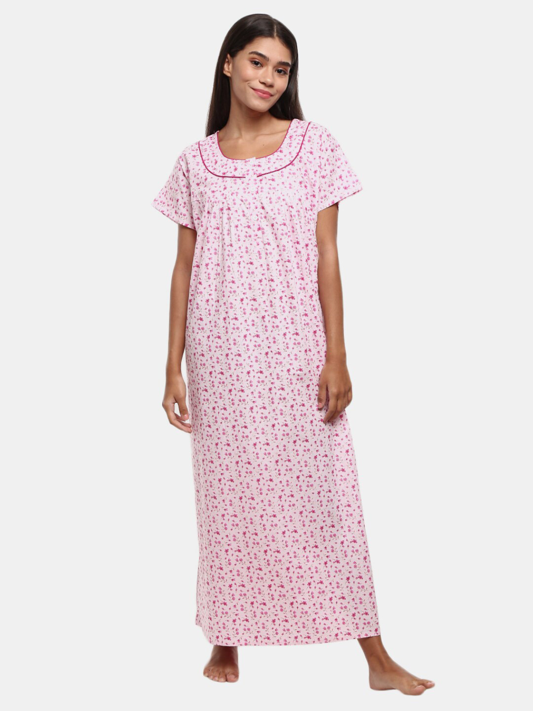 

V-Mart Women Pink Printed Pure Cotton Maxi Nightdress
