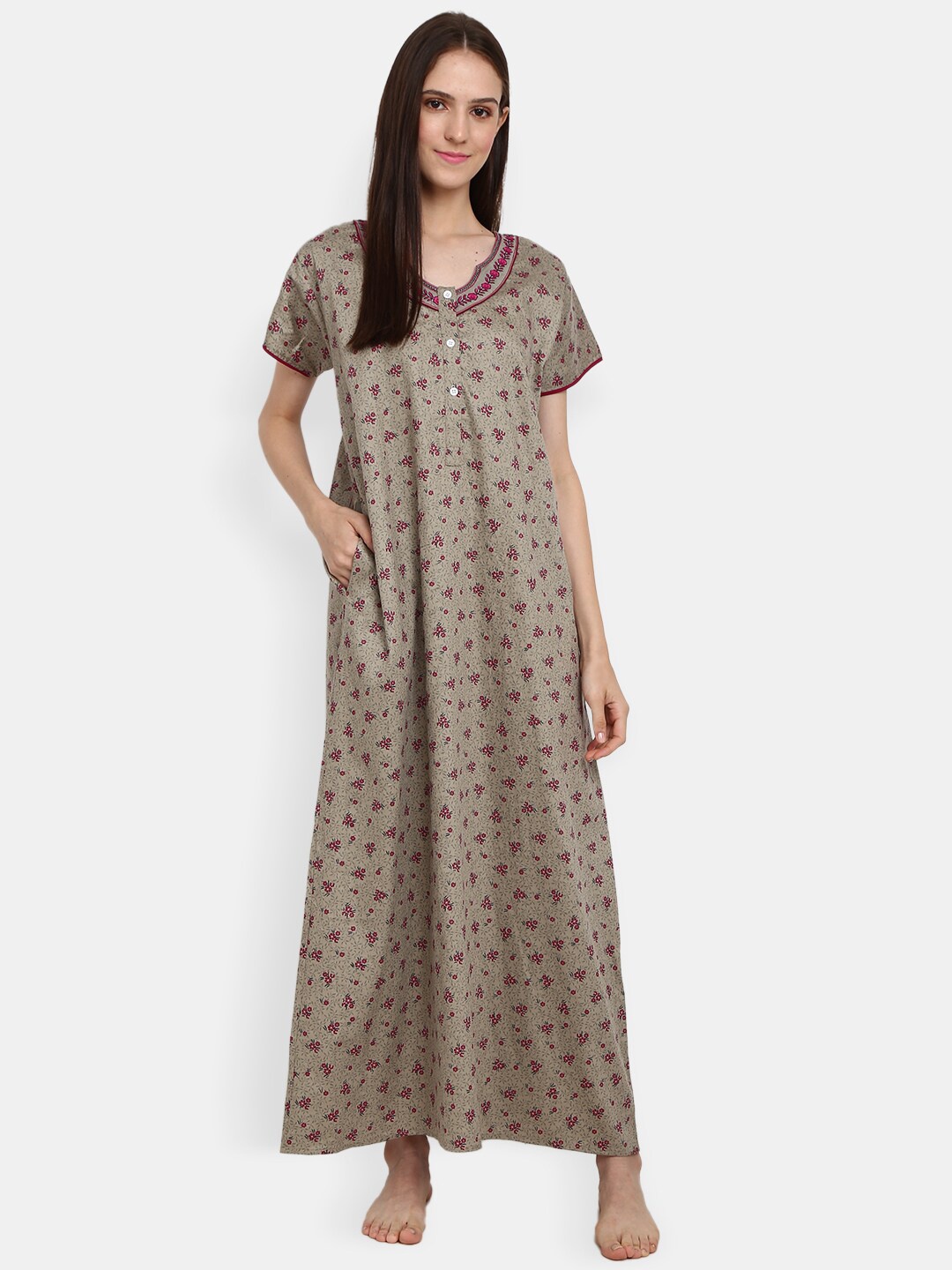 

V-Mart Women Grey Printed Maxi Nightdress