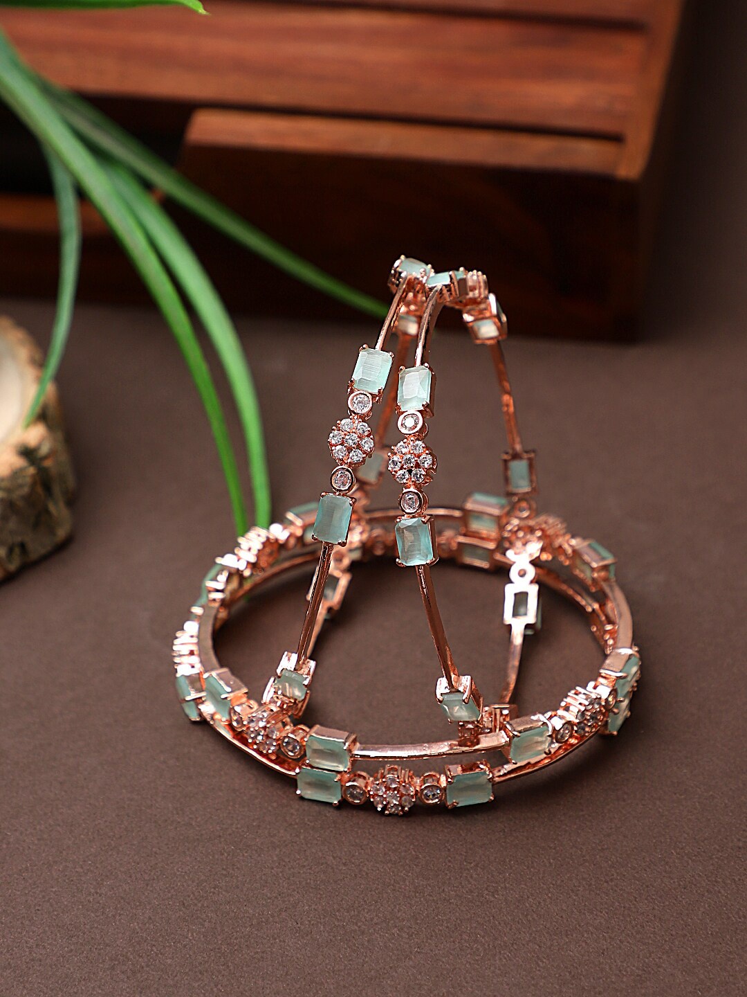 

CARDINAL Set Of 4 Rose Gold-Toned & Green AD-Studded Bangles