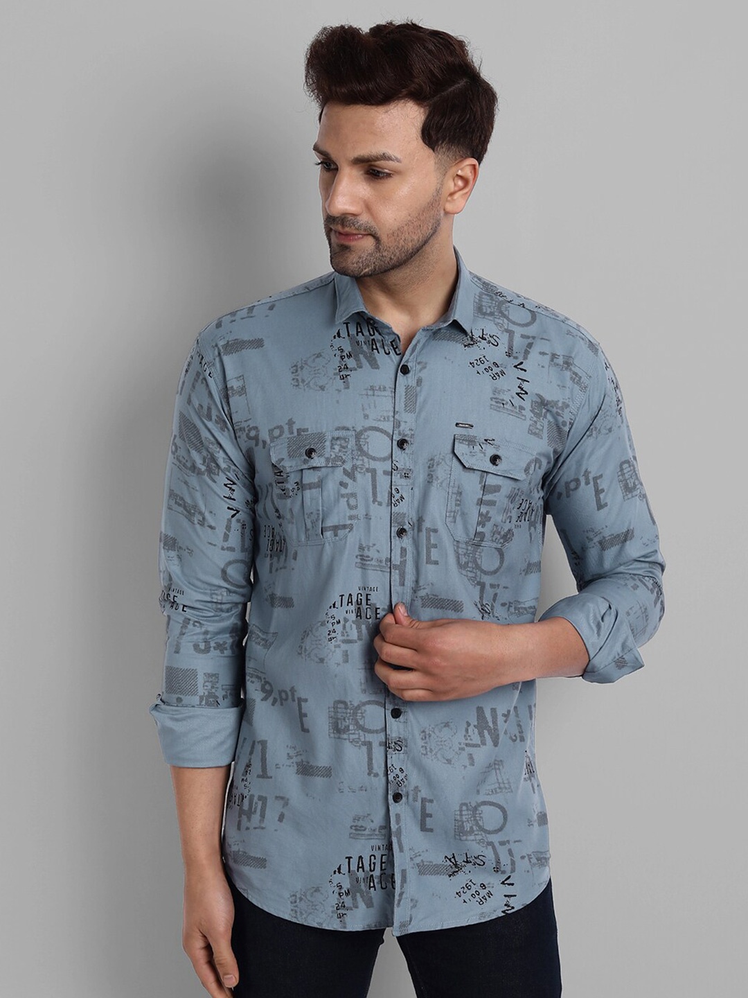

Majestic Man Men Blue Slim Fit Printed Casual Shirt