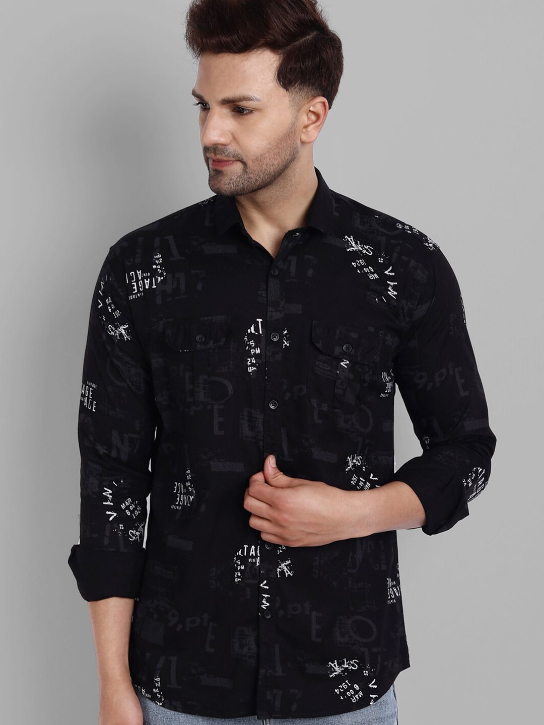 

Majestic Man Men Black Slim Fit Printed Casual Shirt