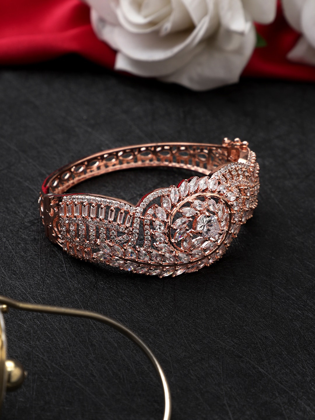 

CARDINAL Women Rose Gold & White Brass American Diamond Bangle-Style Bracelet