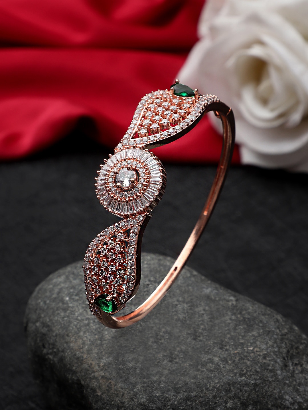 

CARDINAL Women Rose Gold & Silver-Toned Brass American Diamond Cuff Adjustable Bracelet