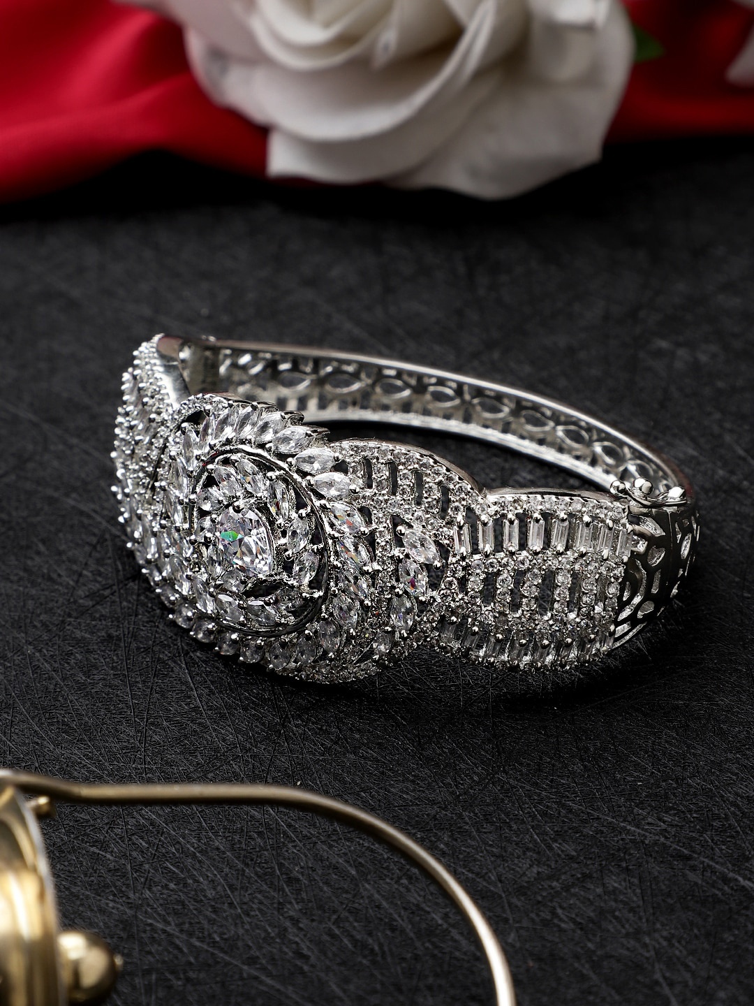 

CARDINAL Women Silver-Toned Brass American Diamond Cuff Bracelet
