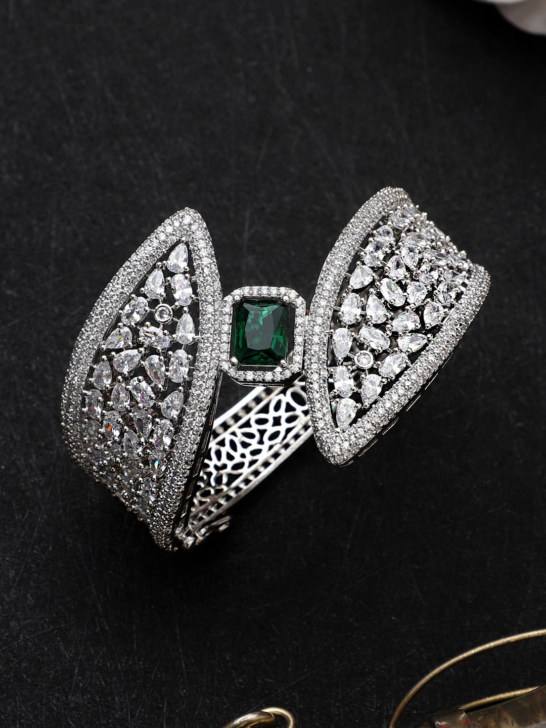 

CARDINAL Women Silver-Toned & Green Brass American Diamond Cuff Bracelet