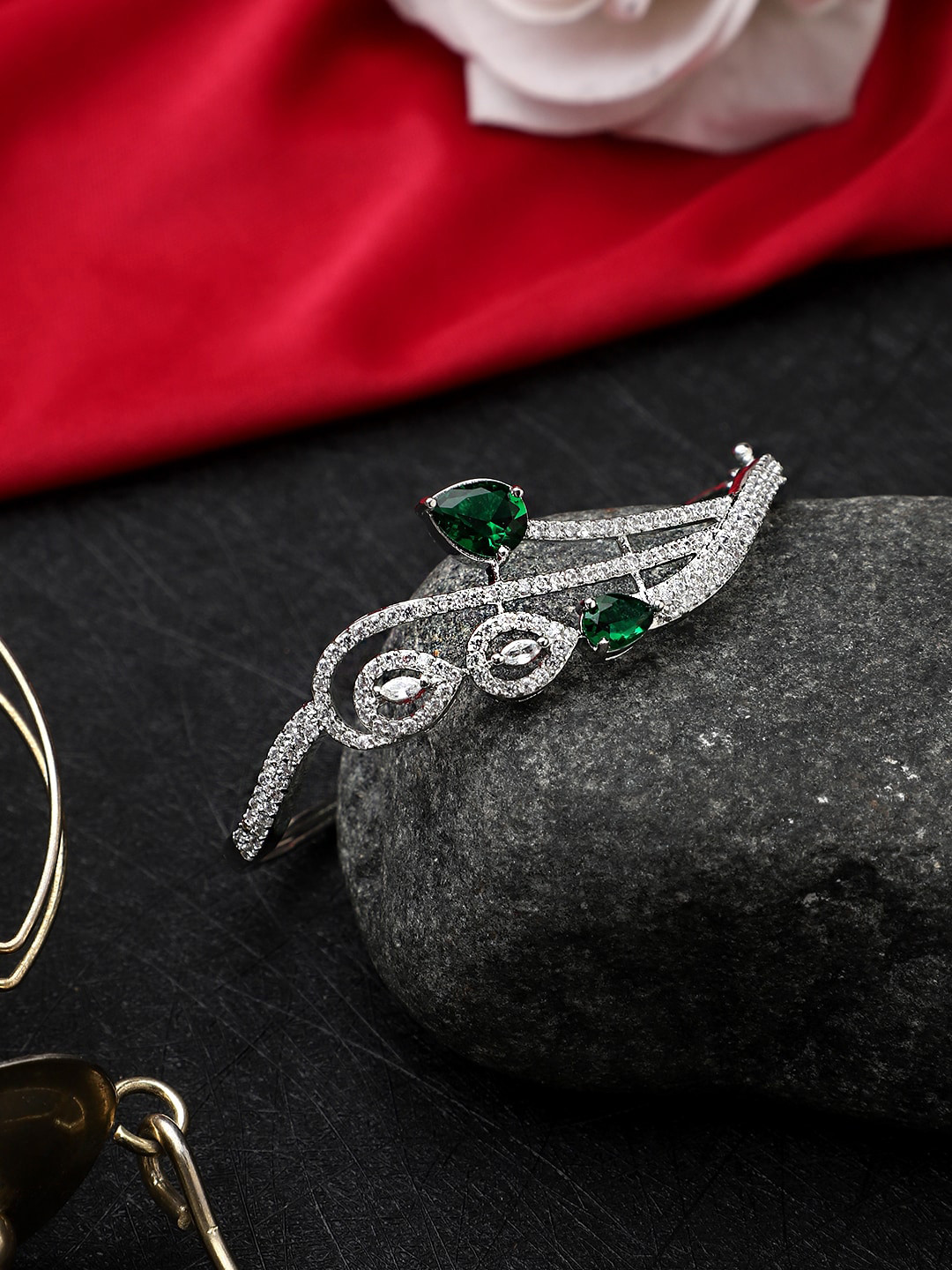 

CARDINAL Women Silver-Toned & Green Brass American Diamond Cuff Bracelet