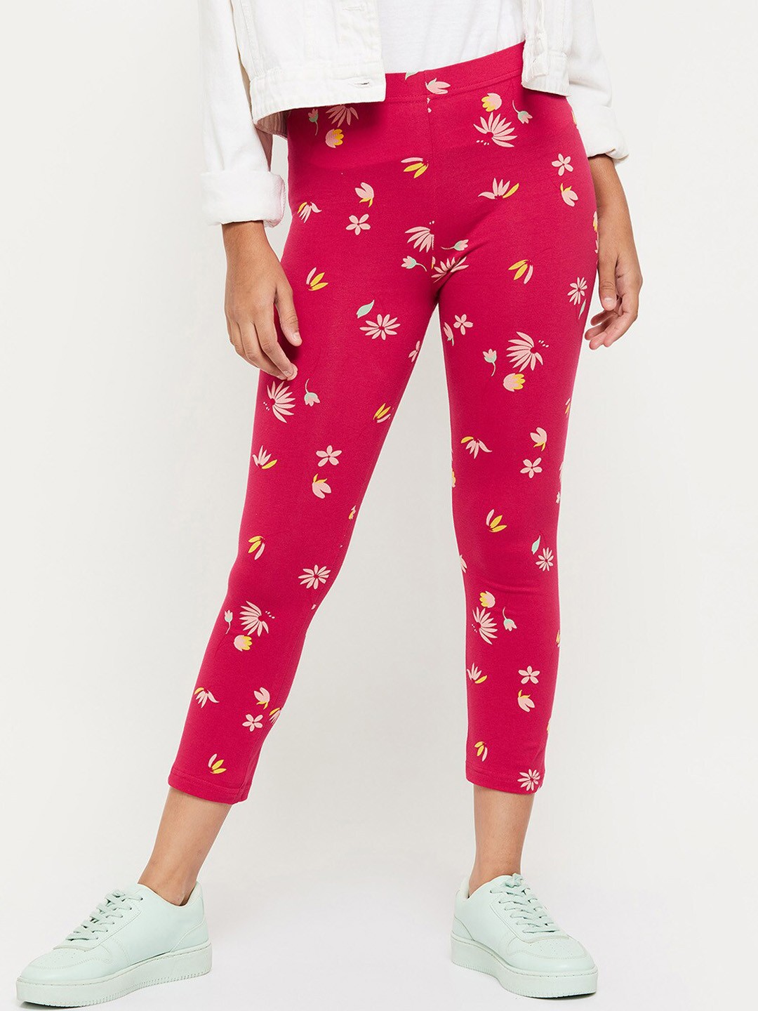

max Girls Maroon Printed Ankle-Length Leggings