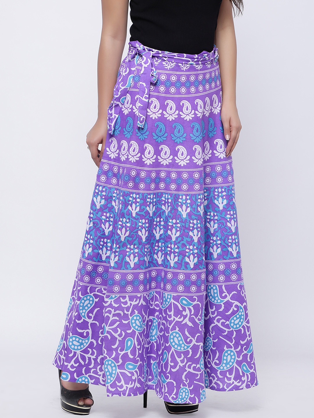 

SOUNDARYA Purple & Blue Ethnic Print Wrap-Around Maxi Pure Cotton Skirt