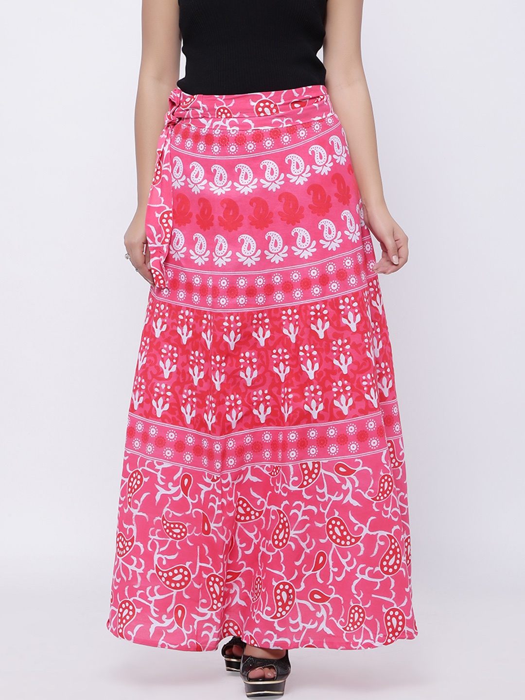 

SOUNDARYA Pink & White Ethnic Print Wrap-Around Maxi Pure Cotton Skirt