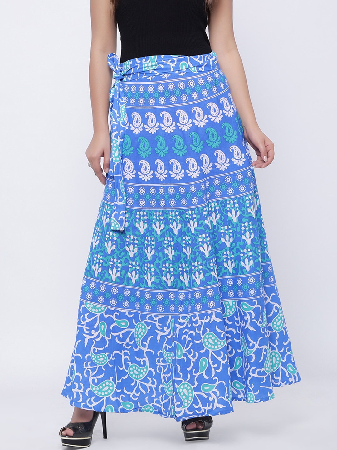 

SOUNDARYA Blue & White Printed Wrap-Around Maxi Pure Cotton Skirt