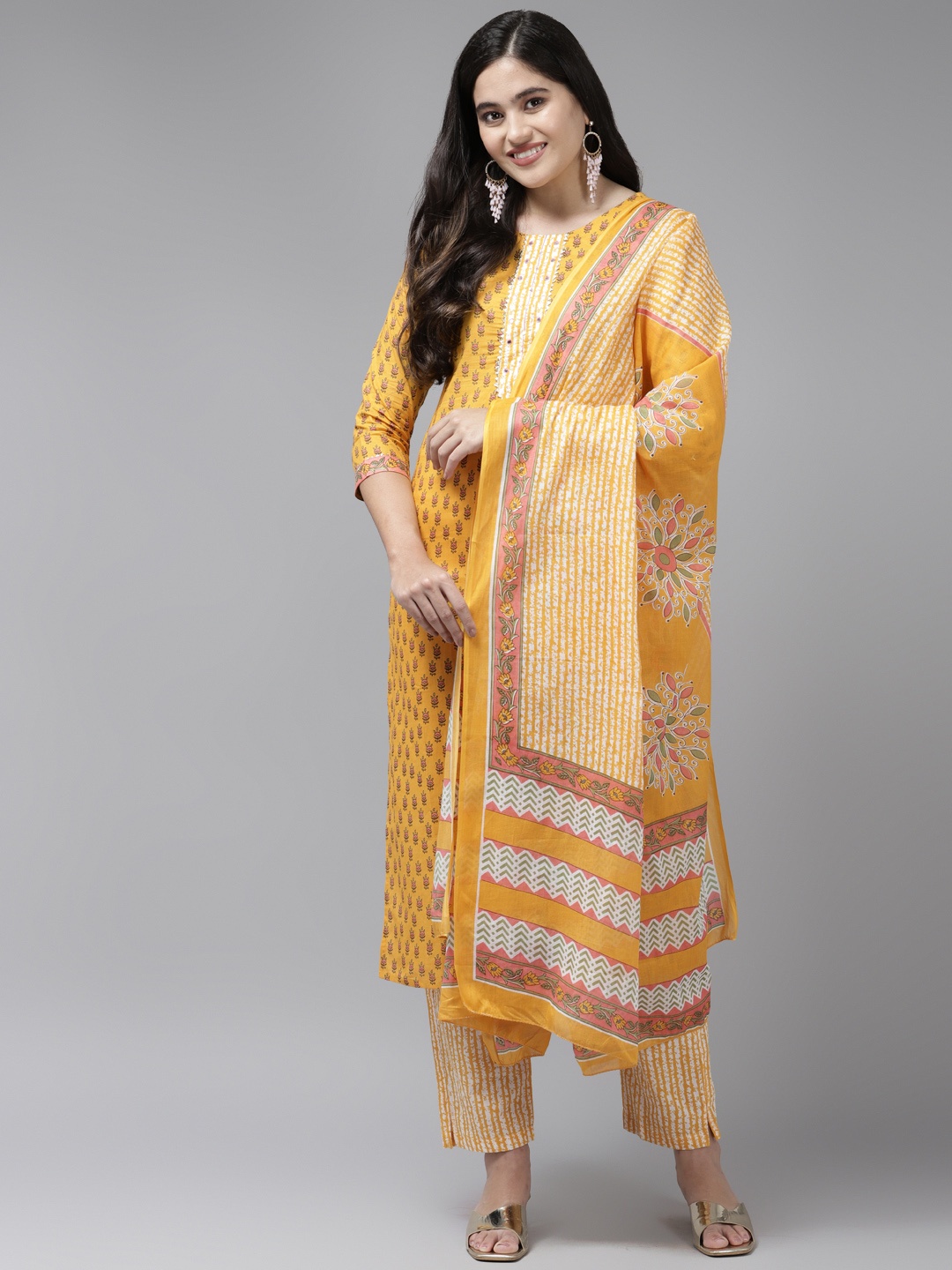 

Yufta Women Yellow Floral Printed Gotta Patti Pure Cotton Kurta with Trousers & With Dupatta