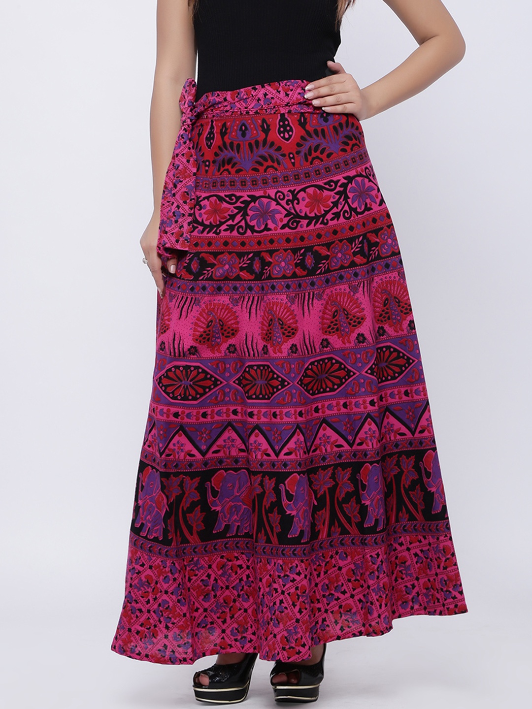 

SOUNDARYA Pink & Black Printed Wrap-Around Maxi Pure Cotton Skirt