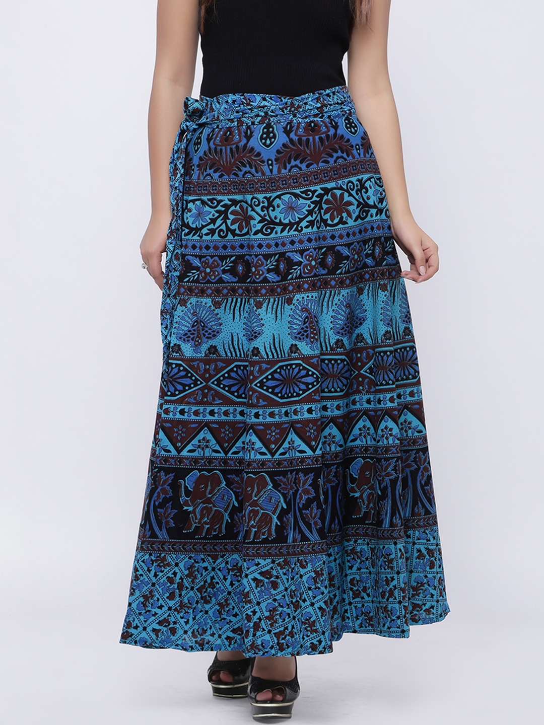 

SOUNDARYA Blue & Black Printed Wrap-Around Maxi Pure Cotton Skirt