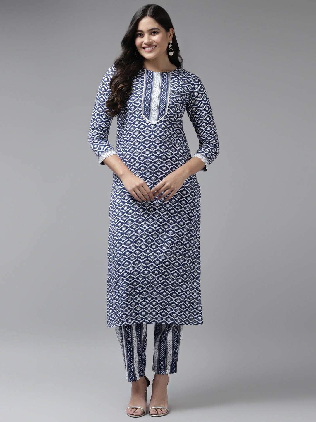 

Yufta Women Blue Ethnic Motifs Printed Kurta with Trousers