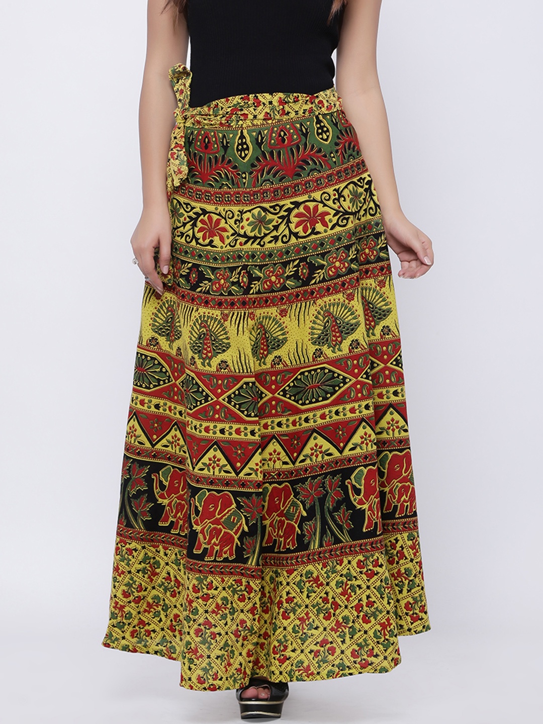 

SOUNDARYA Green & Rust Red Printed Wrap-Around Maxi Pure Cotton Skirt