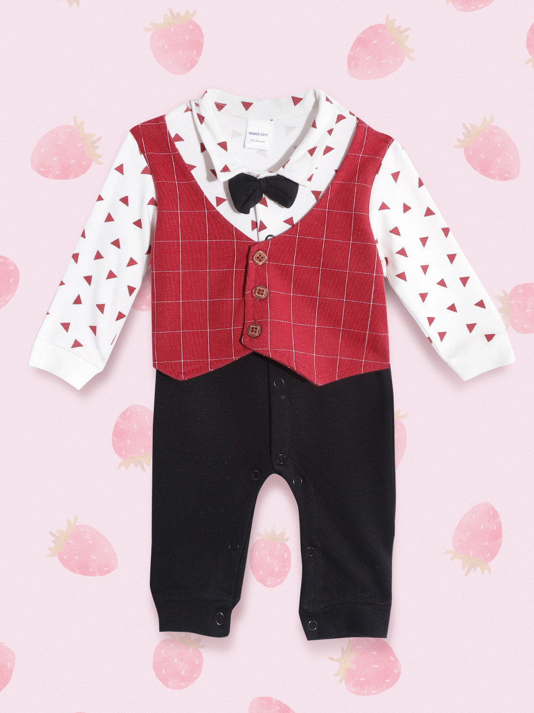 

Moms Love Infant Boys White & Rust Red Geometric Print Waistcoat Applique Cotton Rompers
