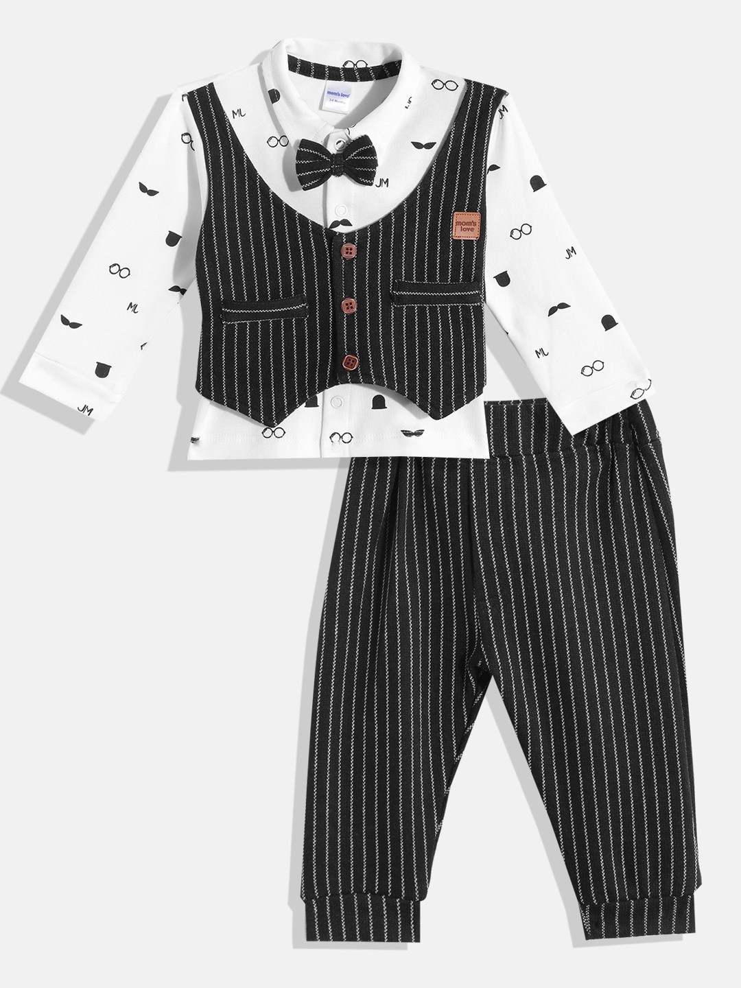 

Moms Love Boys Black & White Pure Cotton Conversational Printed Shirt with Bow & Trousers