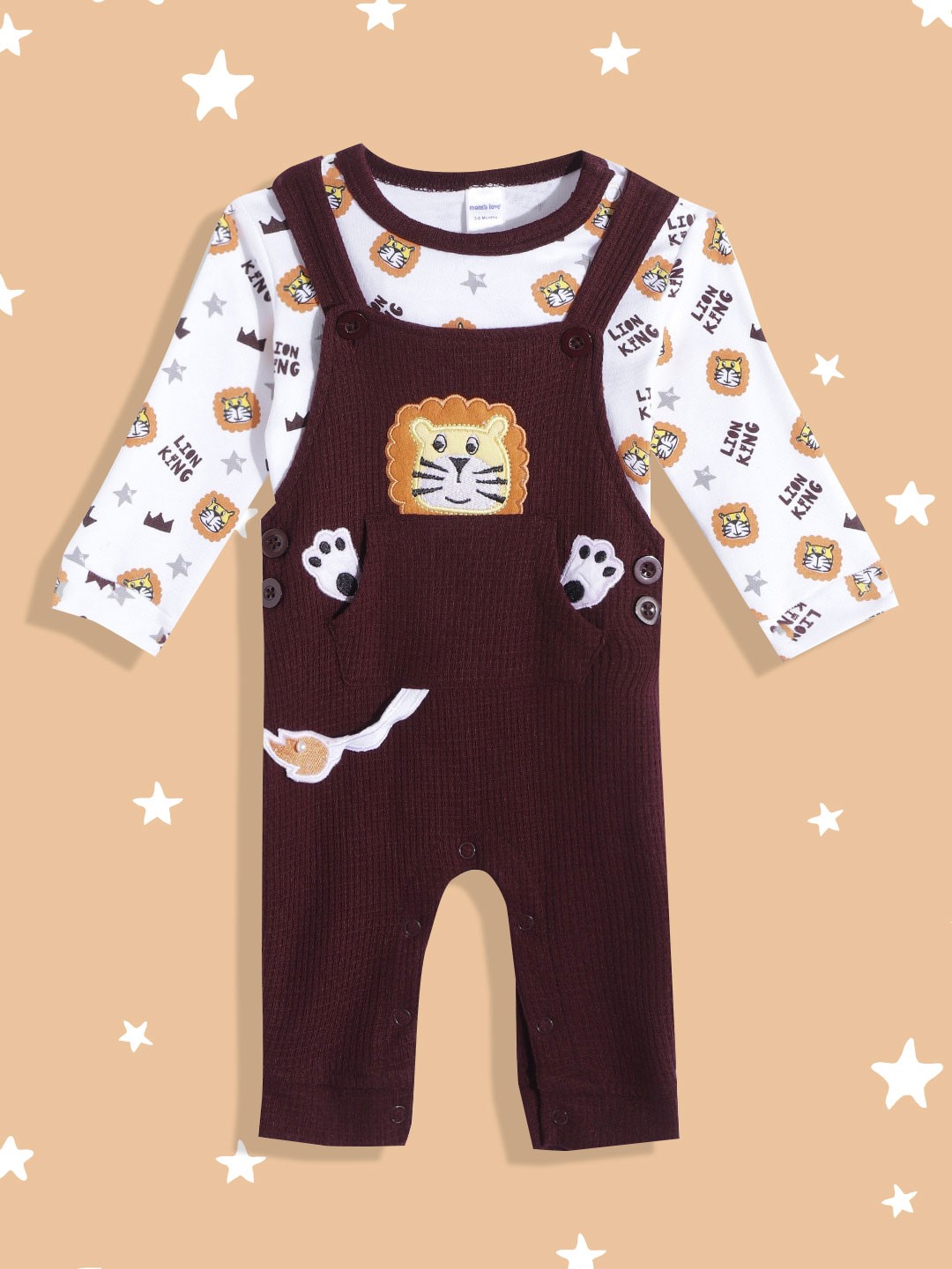 

Moms Love Infant Boys Maroon & White Pure Cotton Applique Dungaree with Printed T-Shirt