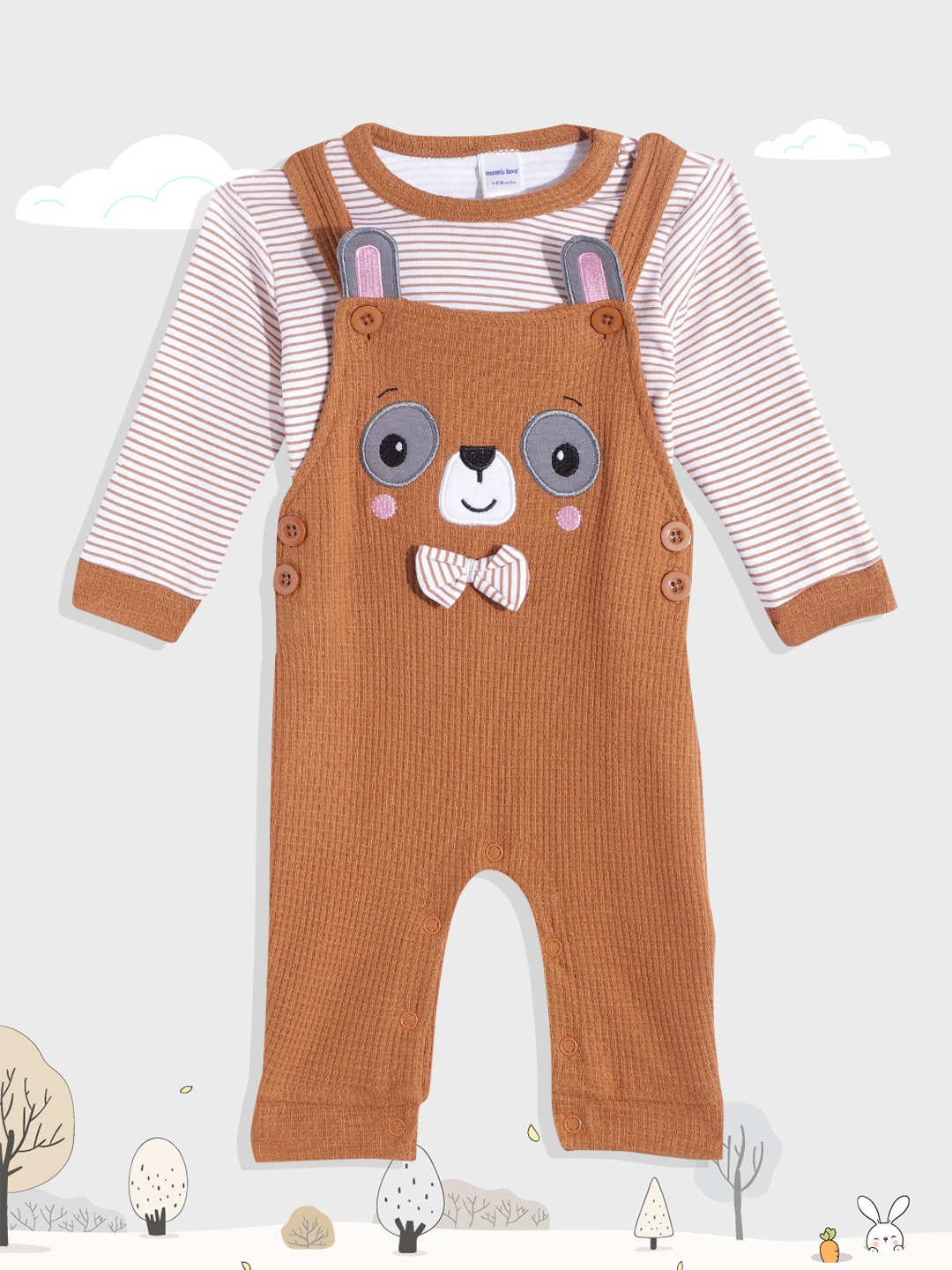 

Moms Love Infant Boys Brown & White Pure Cotton Applique Detail Dungaree with T-shirt