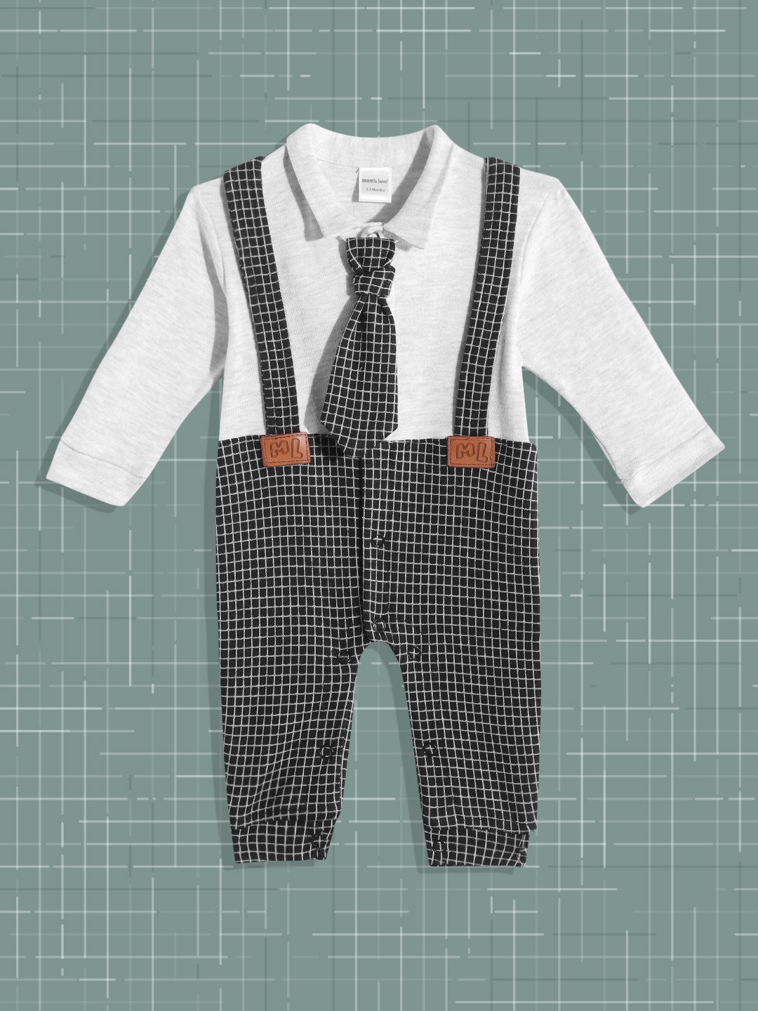 

Moms Love Infant Boys Grey & Black Cotton Checked Rompers with Attached Suspenders & Tie