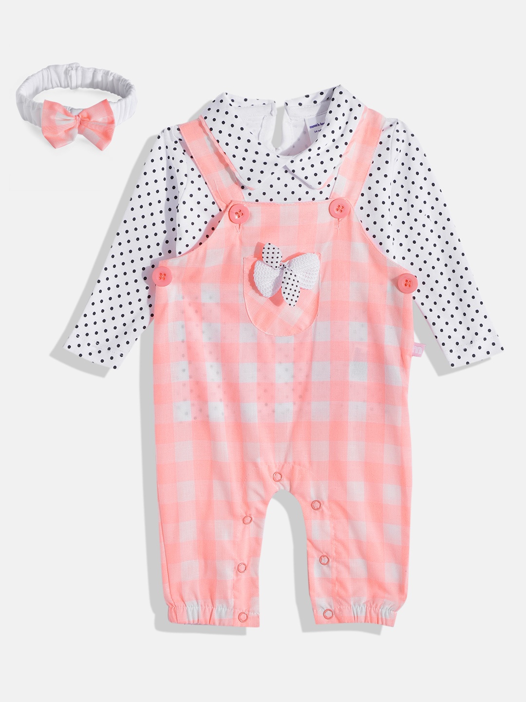 

Moms Love Infant Girls Neon Pink & White Checked Cotton Dungaree with T-shirt & Headband