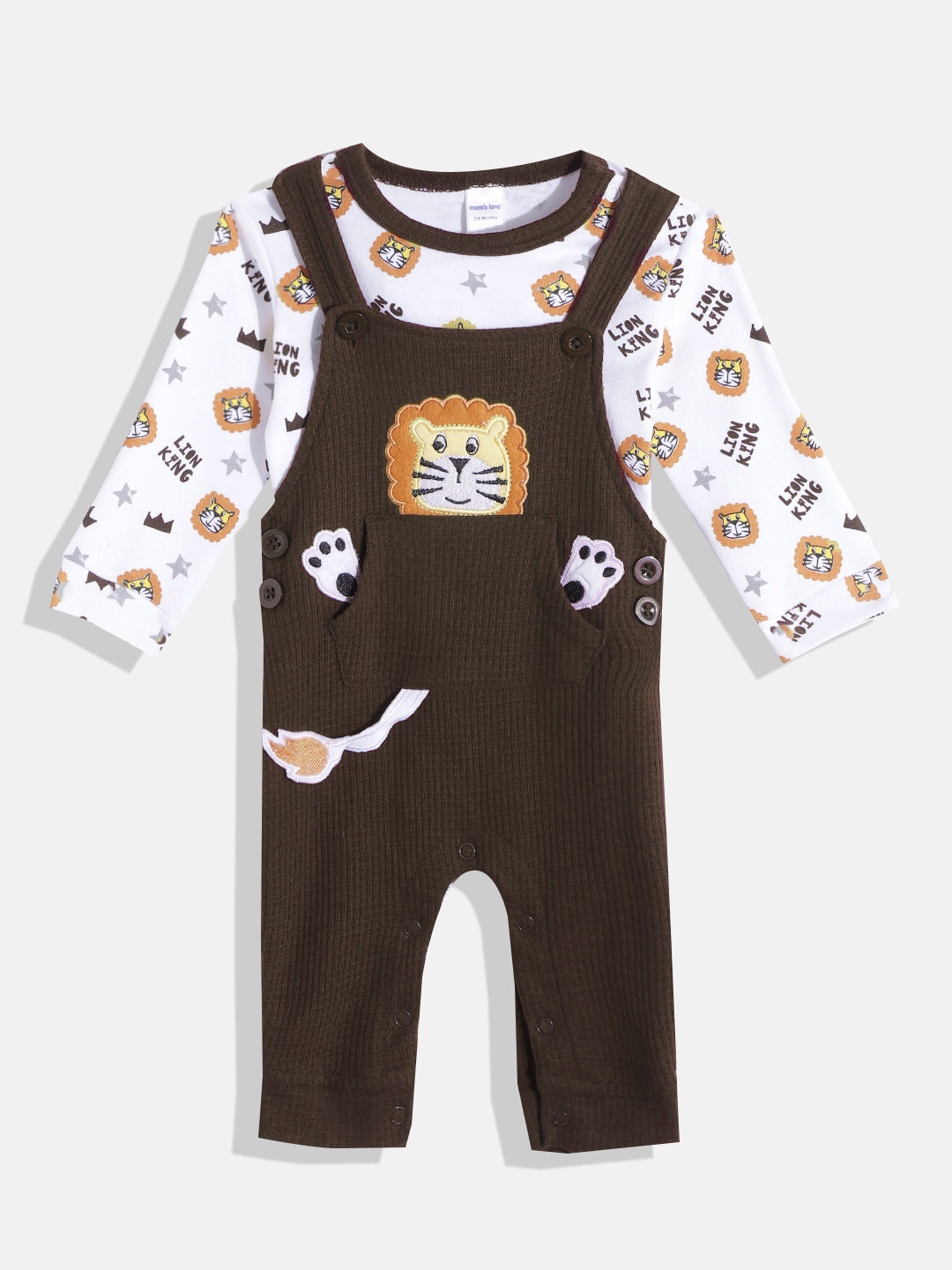 

Moms Love Infant Boys Brown & White Pure Cotton Applique Dungaree with Printed T-Shirt