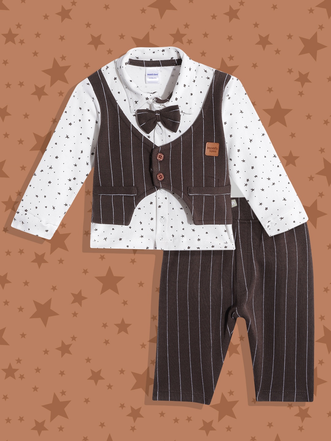 

Moms Love Infant Boys White & Coffee Brown Ditsy Printed Cotton Clothing Set