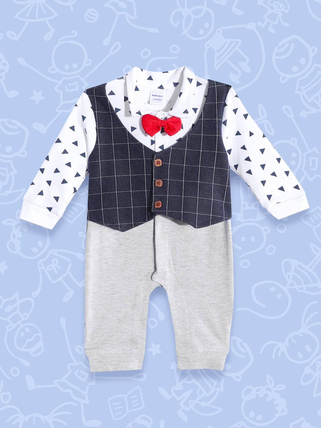 

Moms Love Infant Boys White & Navy Blue Geometric Print Waistcoat Applique Cotton Rompers
