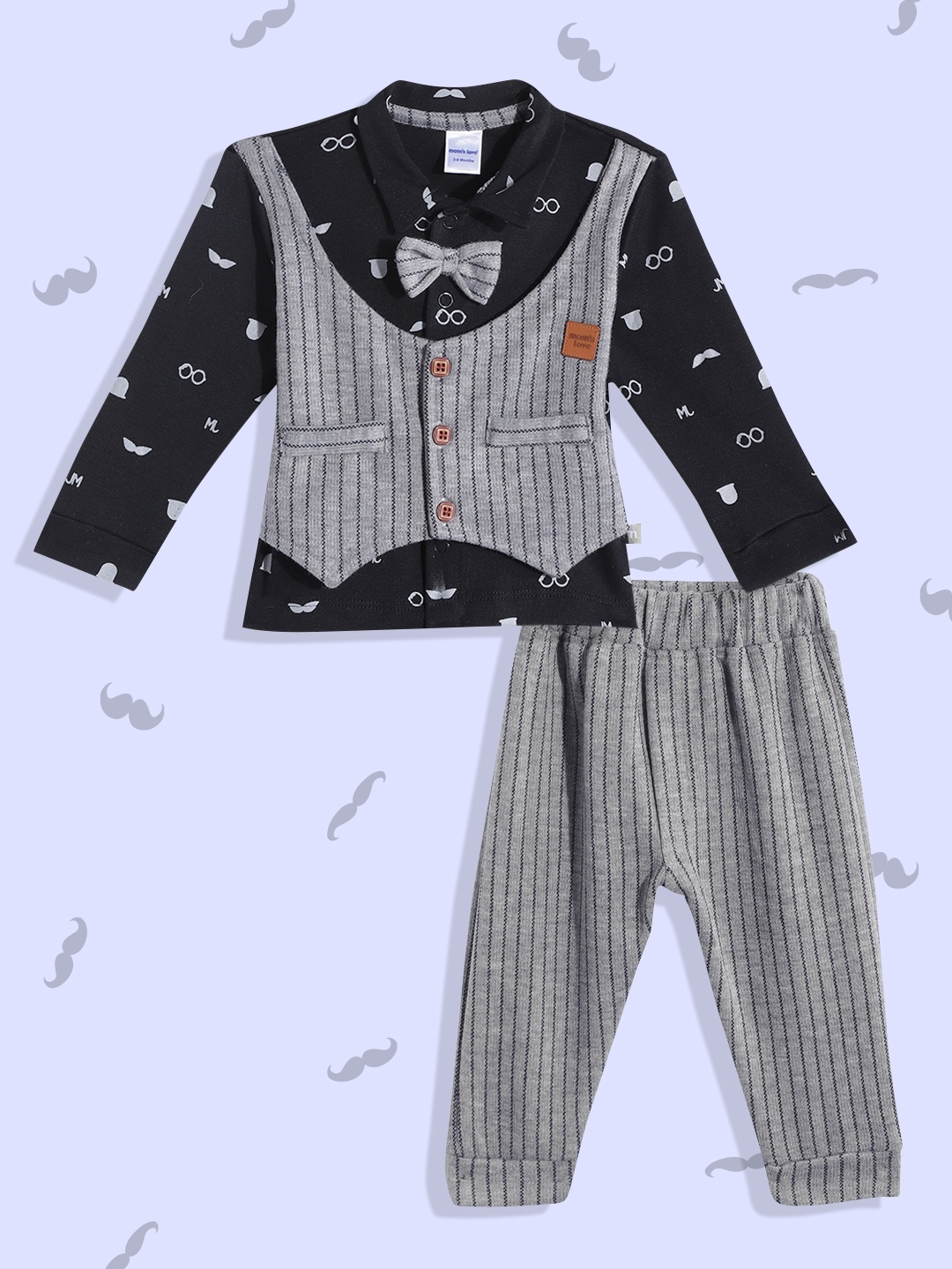

Moms Love Boys Charcoal Grey & Black Cotton Conversational Print Shirt with Bow & Trousers