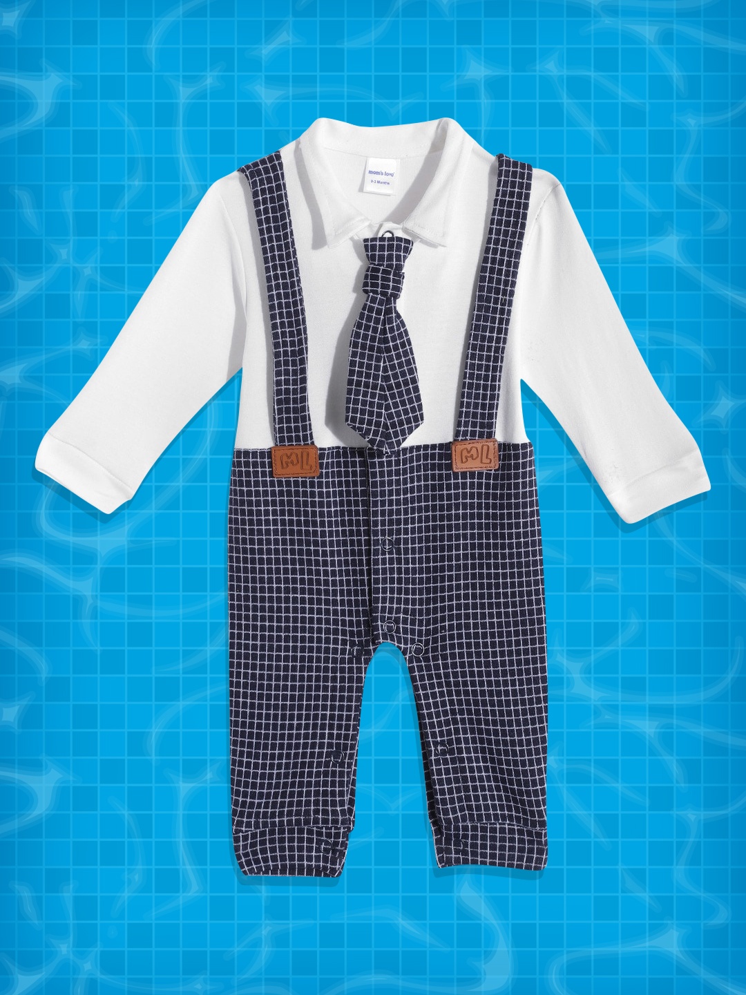 

Moms Love Infant Boys White & Navy Blue Cotton Checked Rompers with Suspenders & Tie