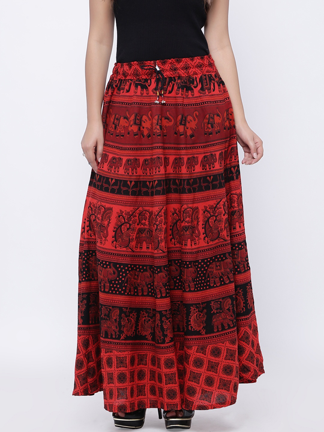 

SOUNDARYA Red & Black Ethnic Print Maxi Pure Cotton Skirt