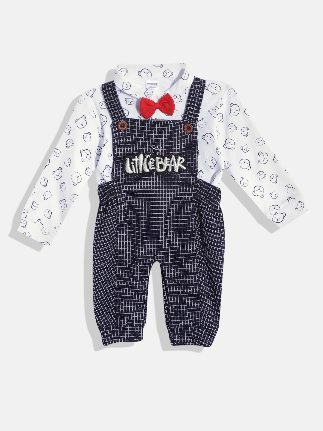 

Moms Love Infant Boys Navy Blue & White Pure Cotton Dungaree with Shirt