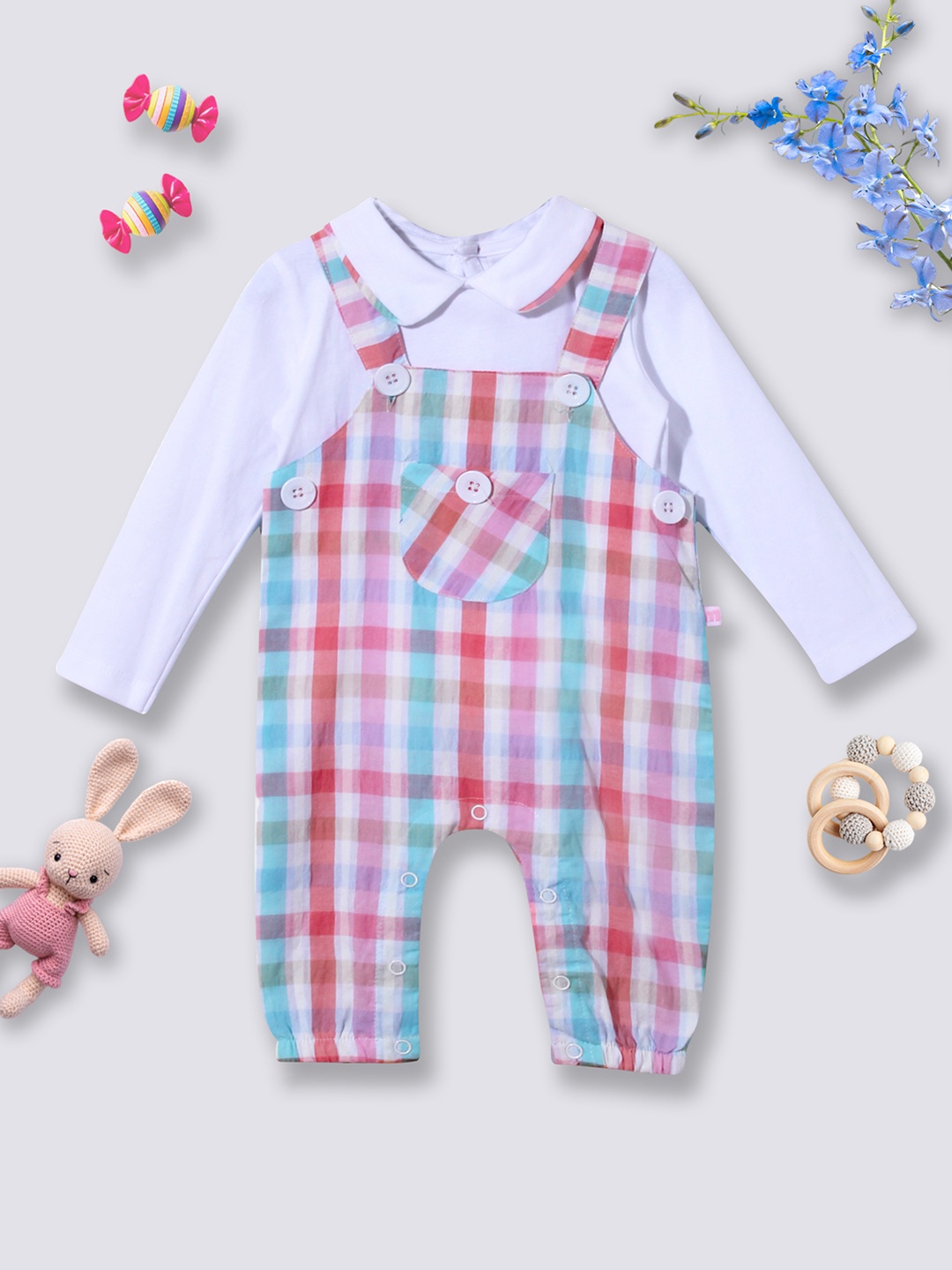 

Moms Love Infant Girls Pink & White Checked Cotton Dungaree with T-shirt & Headband