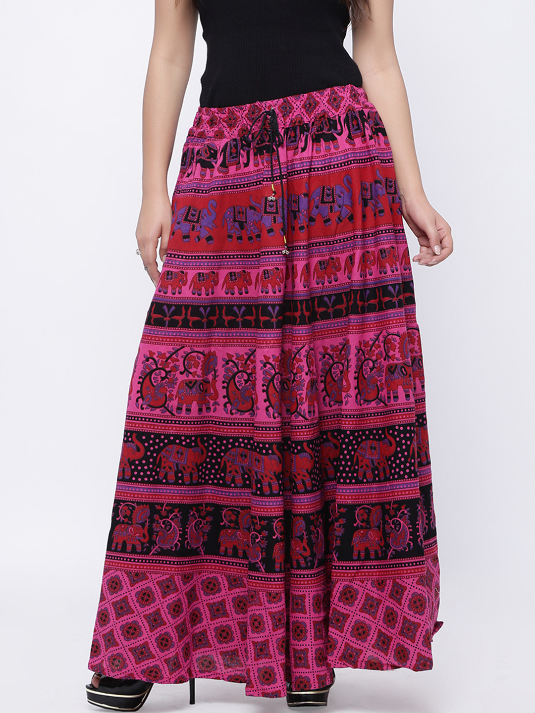 

SOUNDARYA Pink & Black Ethnic Print Maxi Pure Cotton Skirt