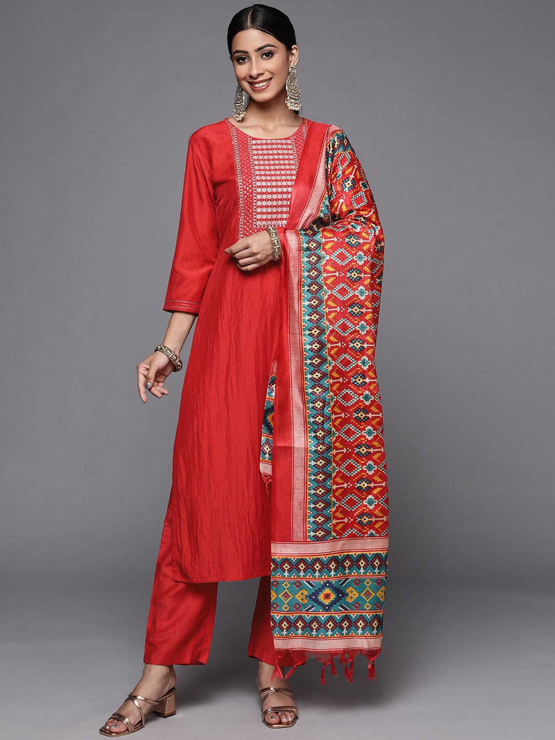 

Varanga Women Rust Embroidered Empire Kurta with Trousers & With Dupatta