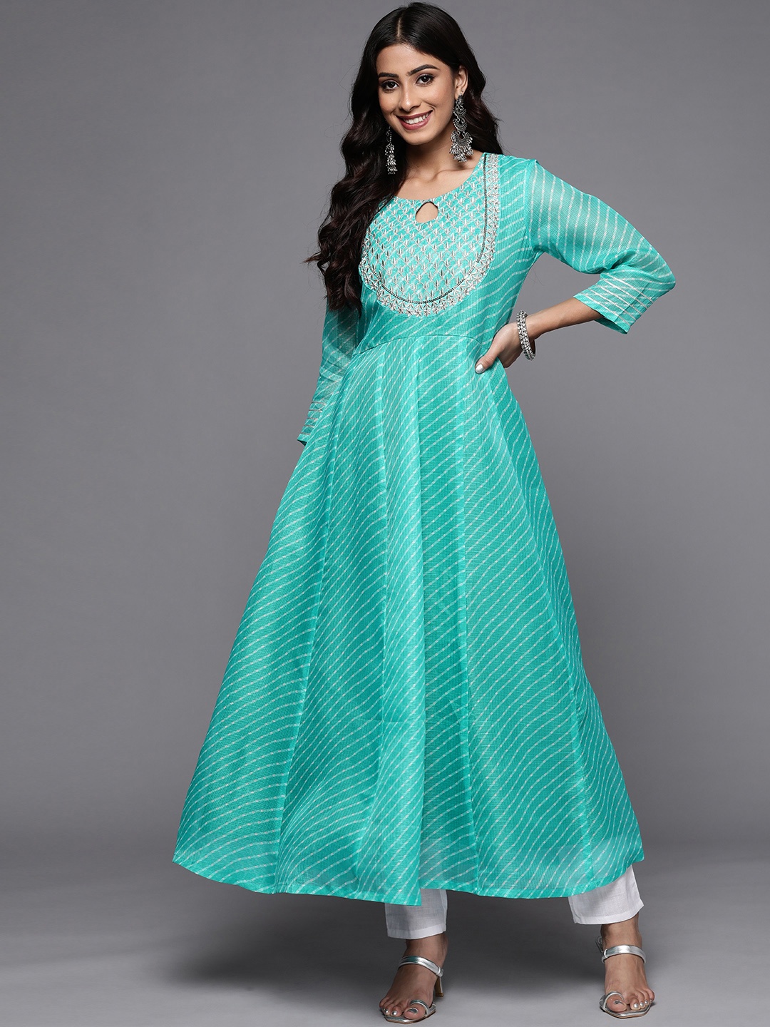 

Varanga Women Turquoise Blue & Goldn Ethnic Motifs Embroidered Indie Prints Anarkali Kurta