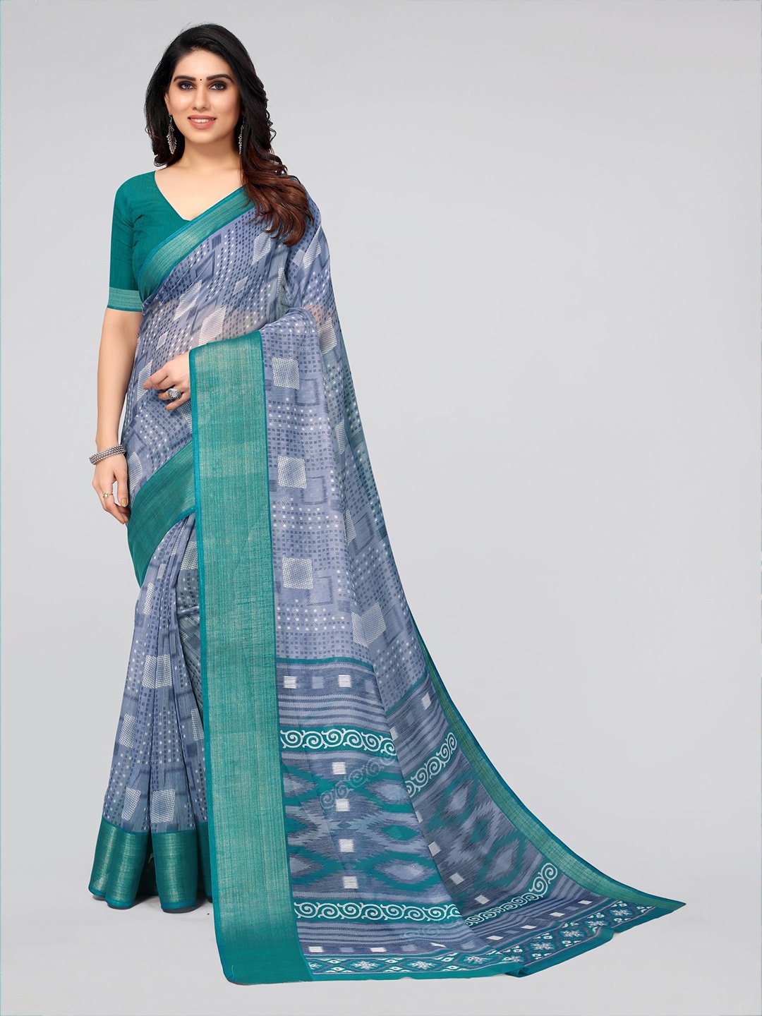 

KALINI Grey & Green Zari Saree