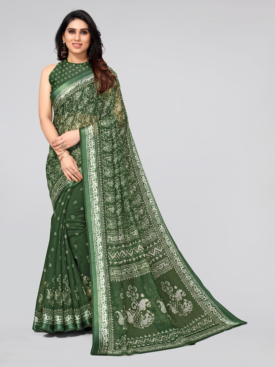 

KALINI Green & White Batik Print Saree