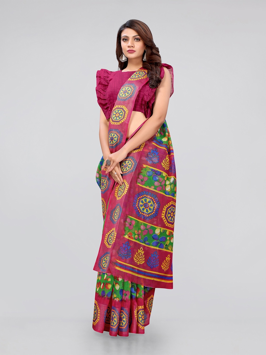 

KALINI Green & Pink Floral Saree