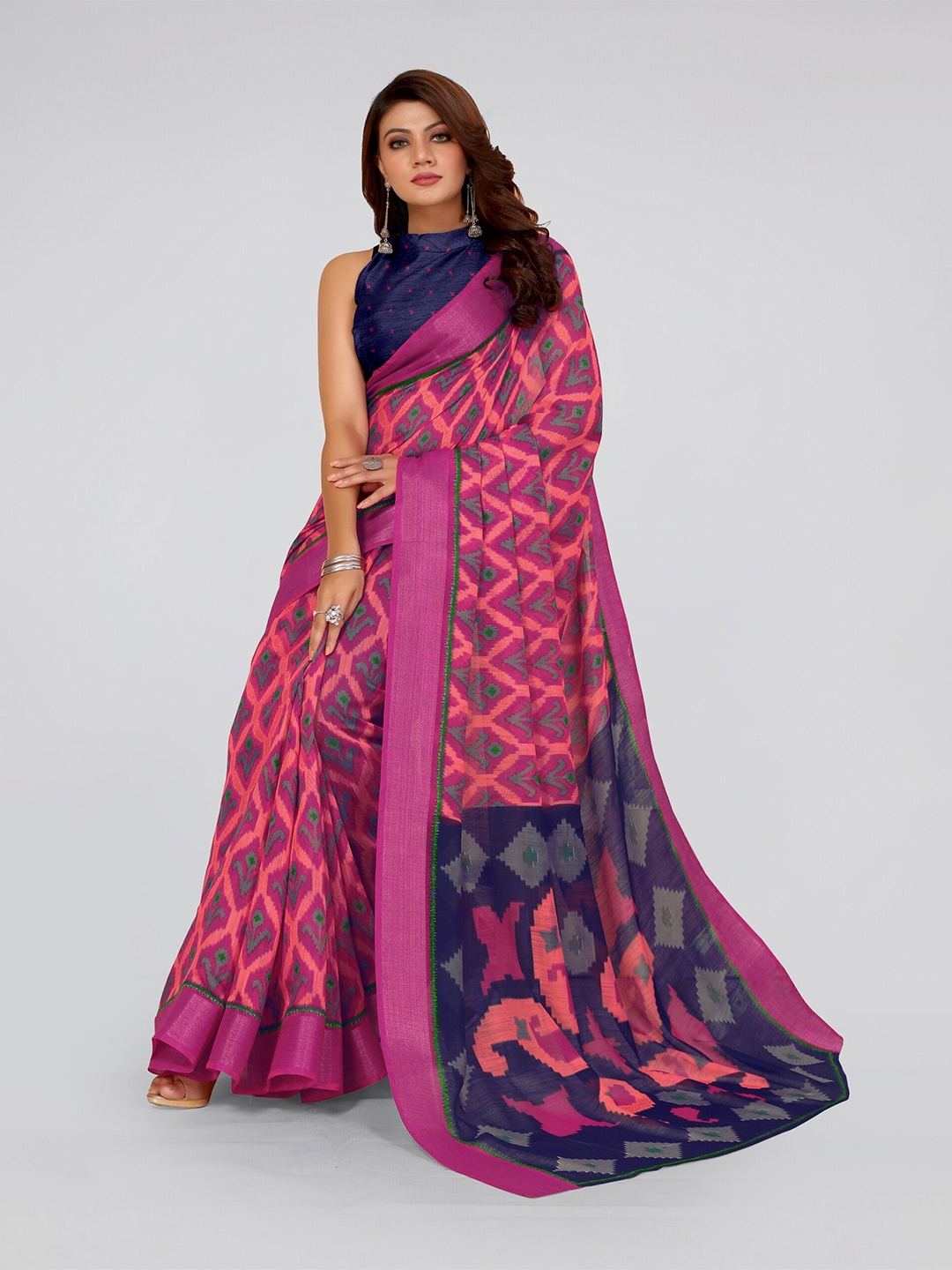 

KALINI Pink & Blue Paisley Zari Ikat Saree