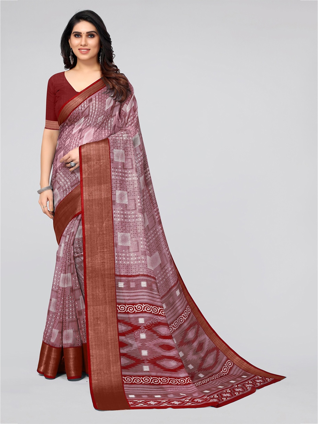

KALINI Maroon & Pink Zari Cotton Blend Saree
